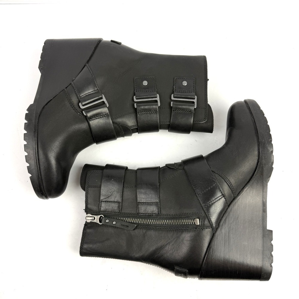 SOREL Black Leather Wedge Ankle Boots with Buckle Straps - Picture 7 of 12